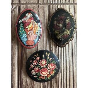 3 SIGNED Vintage Hand Painted Wooden Russian Brooch Pin, Floral Bird Man Woman